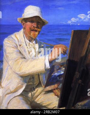 Self-Portrait, Sitting by his Easel at Skagen Beach 1902 von Peder Severin Kroyer Stockfoto