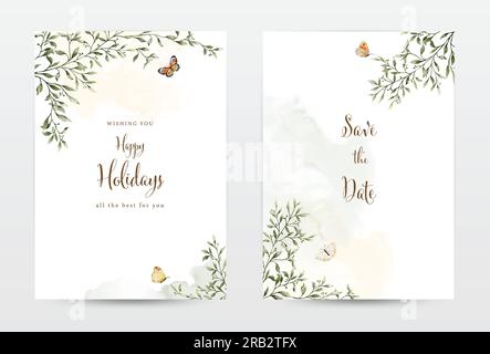 Abstrakte Kunst Aquarell Blattwerk und Schmetterlinge für Einladungsvorlagen Kartenset. Natural Collection Aquarell Vektor ist für Weddi geeignet Stock Vektor