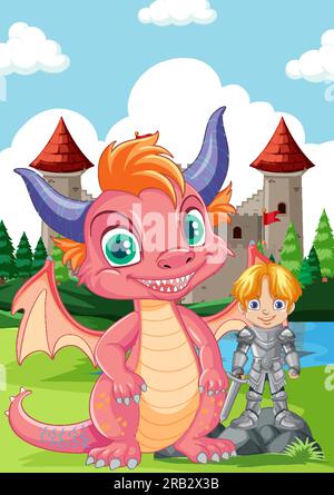 Süßer Drache mit Ritter vor Schloss Illustration Stock Vektor