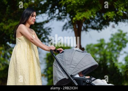 Mutter schiebt Kinderwagen und geht im Park spazieren Stockfoto