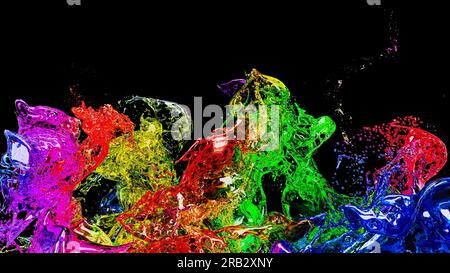 3D-Rendering, Flüssigkeiten Splash Glas mehrfarbige Tapezierer Hintergrund Stockfoto