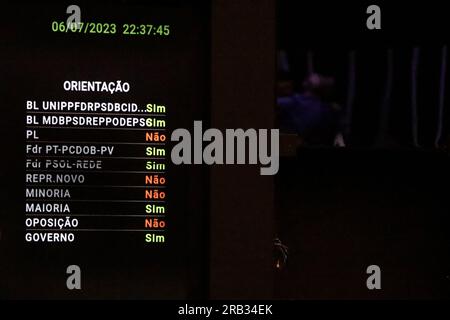 Brasilia, Distrito Federal, Brasilien. 6. Juli 2023. Brasilia (DF), 07/06/2023 - POLITIK/KAMMER/STEUERREFORM - Plenartagung PEC Nr. 45/2019 Reform des Steuersystems Vorschlag zur Änderung der Verfassung Runde 1.; am Abend dieses Donnerstag, den 6. Juli 2023, in der Abgeordnetenkammer in Brasilia. (Foto: Frederico Brasil/Thenews2/Zumapress) (Bild: © Frederico Brasil/TheNEWS2 via ZUMA Press Wire) NUR REDAKTIONELLE VERWENDUNG! Nicht für den kommerziellen GEBRAUCH! Stockfoto