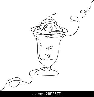 Eine durchgezogene Linienzeichnung eines handgezeichneten Vektors mit Eiscreme, serviert in einer Glasschüssel. Im Vintage-Stil mit Kirsche oben drauf. Guten Appetit! Stock Vektor