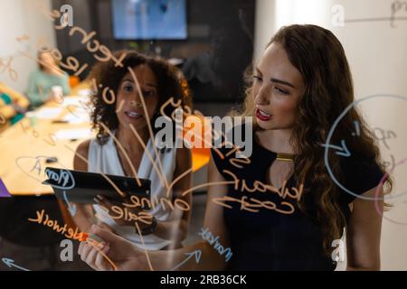Vielfältige kreative weibliche Kollegen beim Brainstorming von Diskussionen, die sich Notizen an Glaswänden im Büro machen. Ungezwungenes Büro, Brainstorming, Geschäft, Teamarbeit, Bu Stockfoto