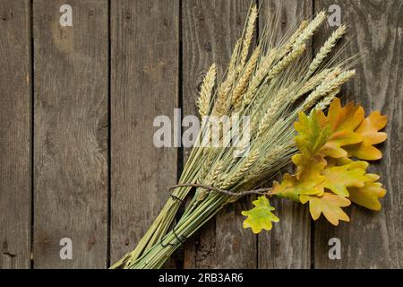 Ein gelber Eichenzweig und trockene Weizenohren liegen im Herbst auf einem Holztisch Stockfoto