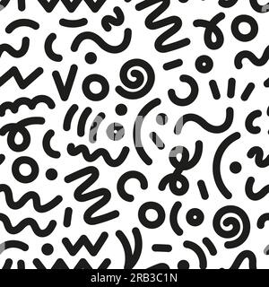 90s Nahtloses Muster. Abstrakte geometrische Formen nahtloses Muster. Vektor hat mit der Hand verschiedene Formen und Doodle-Objekte gezeichnet. Abstrakter zeitgenössischer Stil. Trendige, farbenfrohe Illustration. Stock Vektor