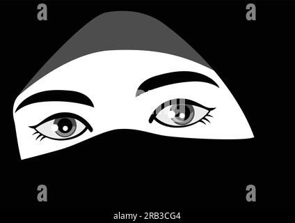 Schwarz-Weiß-Illustration der muslimischen Frau mit Hijab oder Niqab Stock Vektor