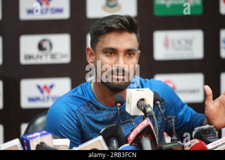 Litton das, nimmt an der Pressekonferenz vor dem Spiel Teil, als Kapitän für die ODI-Serie Bangladesch - Afghanistan, vor dem zweiten ODI-Spiel bei Zahur Ahmed Cho Stockfoto