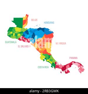 Länder Zentralamerikas - Karte mit den Verwaltungseinheiten Belize, Guatemala, Honduras, El Salvador, Nicaragua, Costa Rica und Panama. Bunte Karte mit Etiketten. Stock Vektor