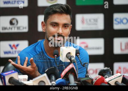 Litton das, nimmt an der Pressekonferenz vor dem Spiel Teil, als Kapitän für die ODI-Serie Bangladesch - Afghanistan, vor dem zweiten ODI-Spiel bei Zahur Ahmed Cho Stockfoto