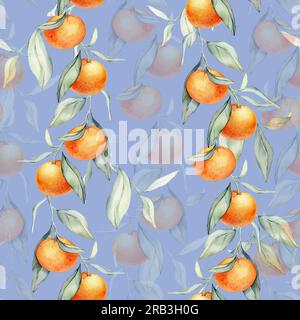 Nahtlose, wässrige Zitrusfrüchte und Blätter. Grüne Blätter und Orangenfrüchte auf weißem Hintergrund. Nahtlose Aquarelle von Mandarinen und Orangen Stockfoto