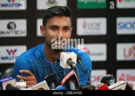 Litton das, nimmt an der Pressekonferenz vor dem Spiel Teil, als Kapitän für die ODI-Serie Bangladesch - Afghanistan, vor dem zweiten ODI-Spiel bei Zahur Ahmed Cho Stockfoto