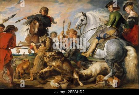 Peter Paul Rubens und Workshop - Wolf und Fuchs Jagd Peter Paul Rubens und Workshop: Flämisch, Siegen 1577–1640 Antwerpen ca. 1615–21; Öl auf Segeltuch; Stockfoto