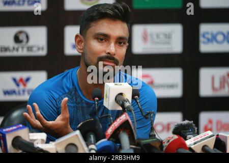 Litton das, nimmt an der Pressekonferenz vor dem Spiel Teil, als Kapitän für die ODI-Serie Bangladesch - Afghanistan, vor dem zweiten ODI-Spiel bei Zahur Ahmed Cho Stockfoto