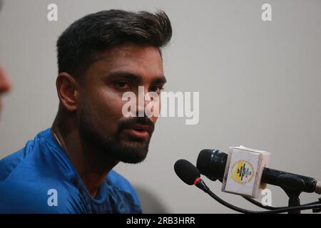 Litton das, nimmt an der Pressekonferenz vor dem Spiel Teil, als Kapitän für die ODI-Serie Bangladesch - Afghanistan, vor dem zweiten ODI-Spiel bei Zahur Ahmed Cho Stockfoto