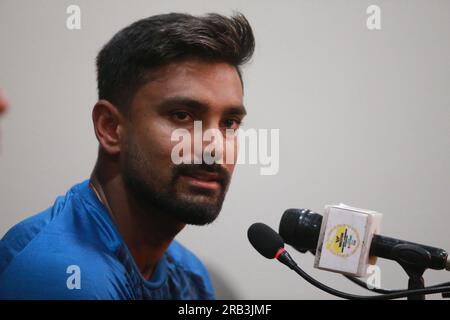 Litton das, nimmt an der Pressekonferenz vor dem Spiel Teil, als Kapitän für die ODI-Serie Bangladesch - Afghanistan, vor dem zweiten ODI-Spiel bei Zahur Ahmed Cho Stockfoto