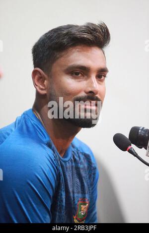 Litton das, nimmt an der Pressekonferenz vor dem Spiel Teil, als Kapitän für die ODI-Serie Bangladesch - Afghanistan, vor dem zweiten ODI-Spiel bei Zahur Ahmed Cho Stockfoto