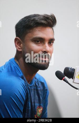 Litton das, nimmt an der Pressekonferenz vor dem Spiel Teil, als Kapitän für die ODI-Serie Bangladesch - Afghanistan, vor dem zweiten ODI-Spiel bei Zahur Ahmed Cho Stockfoto