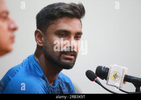 Litton das, nimmt an der Pressekonferenz vor dem Spiel Teil, als Kapitän für die ODI-Serie Bangladesch - Afghanistan, vor dem zweiten ODI-Spiel bei Zahur Ahmed Cho Stockfoto