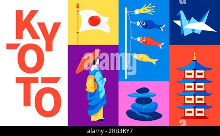 Entdecken Sie Kyoto - Set aus flachen, farbenfrohen Illustrationen Stock Vektor