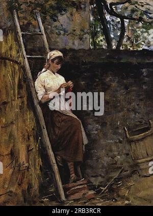 Landmädchen lehnt sich gegen eine Leiter 1890 von Silvestro Lega Stockfoto