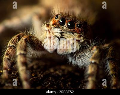 Makrofoto einer springenden Spinne in extremer Nahaufnahme, die komplizierte Details ihrer Augen, behaarten Beine und Gesichtsstrukturen zeigt. Stockfoto