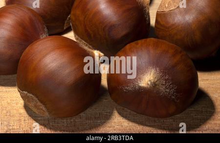 Nahaufnahme von Kastanien, die auf einem Metzgersteintisch liegen Stockfoto