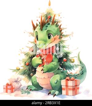 Dragon schenkt weihnachten Aquarell im Cartoon-Stil. Vintage-Dekorationselement. Weihnachtsgrußkartendesign. Frohes neues Jahr. Symbol für neues Jahr. Stock Vektor