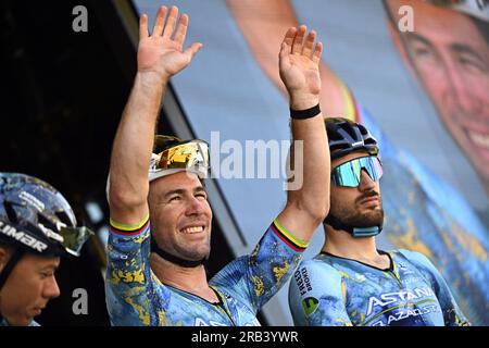 Mont De Marsan, Frankreich. 07. Juli 2023. British Mark Cavendish vom Team von Astana Qasaqstan zu Beginn der 7. Etappe des Radrennens Tour de France, einem 169 km langen 9 km langen Rennen von Mont-de-Marsan nach Bordeaux, Frankreich, Freitag, den 07. Juli 2023. Die diesjährige Tour de France findet vom 01. Bis 23. Juli 2023 statt. BELGA FOTO JASPER JACOBS Kredit: Belga News Agency/Alamy Live News Stockfoto