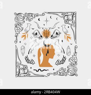 Handgezeichneter Vektor, abstrakt, magische Grafik, Hexe, Mond, Blumen und Sterne in minimalistischer moderner Strichkunst-Illustration. Mond- und Sternumriss Stock Vektor