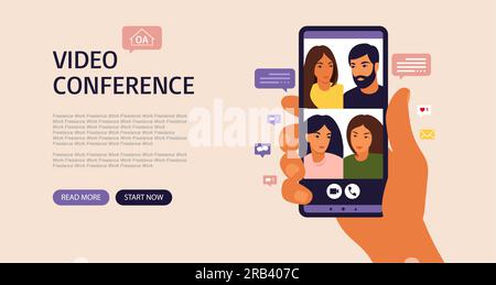 Halten Sie Ihr Smartphone während eines Videoanrufs in der Hand, um mit Freunden zu chatten. Landing-Page. Videokonferenz mit Kollegen, Ferngespräch. Vektor Stock Vektor