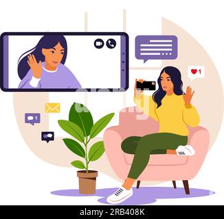 Frau, die das Telefon für gemeinsame virtuelle Meetings und Gruppen-Videokonferenzen verwendet. Frau, die online mit Freunden chattet. Videokonferenz, Fernarbeit Stock Vektor