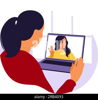 Frau, die einen Computer für gemeinsame virtuelle Meetings und Gruppen-Videokonferenzen benutzt. Mann am Desktop, der online mit Freunden chattet. Videokonferenz, Remote Stock Vektor