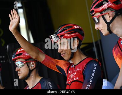 Mont De Marsan, Frankreich. 07. Juli 2023. Kolumbianischer Egan Bernal von Ineos Grenadiers, abgebildet zu Beginn der 7. Etappe des Radrennens Tour de France, einem 169 km langen, 9 km langen Rennen von Mont-de-Marsan nach Bordeaux, Frankreich, Freitag, 07. Juli 2023. Die diesjährige Tour de France findet vom 01. Bis 23. Juli 2023 statt. BELGA FOTO JASPER JACOBS Kredit: Belga News Agency/Alamy Live News Stockfoto