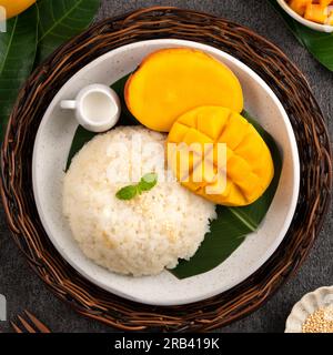 Köstlicher klebriger Reis aus thailändischer Mango mit geschnittenen frischen Mangofrüchten auf einem Teller mit grauem Tischhintergrund. Stockfoto