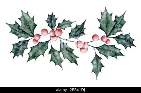 Weihnachtsstrauß aus Ilex-Zweigen mit roten Beeren. Emerald holly verlässt. Botanisches Winterberry-Banner. Handbemalte Aquarellzeichnung für Stockfoto