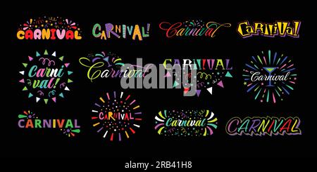 Brasilianische Karnevalsschrift. Festliches Karnevals-Emblem, Partyaufkleber mit Konfetti und kreatives Dekorations-Set für Festivals Stock Vektor