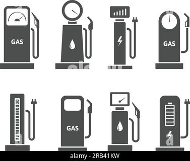 Symbole der Tankstelle. Gas- und Benzinpumpe, Ladegerät für Elektrofahrzeuge und Piktogramm-Vektorsatz für Kraftstoffbetankung Stock Vektor