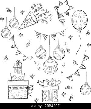 Weihnachten und Feiertagsgeburtstage. Festliche Kritzeleien. Weihnachtsbälle, Dekor, Ballons, Geschenke und Girlanden. Isolierte lineare Vektorzeichnungen von Hand Stock Vektor