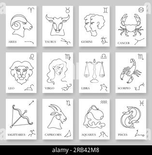 Durchgehende einzeilige Zodiakzeichen. Minimalistische Horoskop-Karten mit Zodiaksymbol, Illustration und Konstellationen, Vektorkontur Stock Vektor