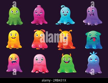 Zeichentrickschleimmonster. Sticky-Blob-Figur, Gelee-Kreaturen in Farbe und lustige Monster-Aliens-Vektorbildungs-Set Stock Vektor