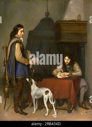 Gerard ter Borch, Dutch (aktiver Deventer nach 1654), 1617-1681 -- Offizier, der einen Brief schreibt, mit einem Trompeter 1658-59. Stockfoto