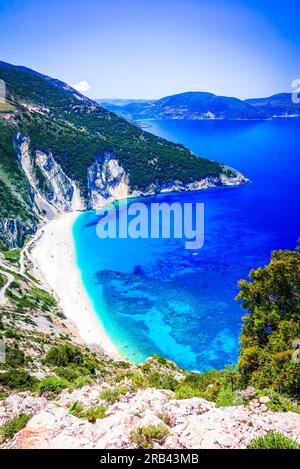 Kefalonia, Griechenland. Paralia Myrtos, der schönste Strand der Insel und einer der schönsten Strände Europas, die griechischen Inseln. Stockfoto