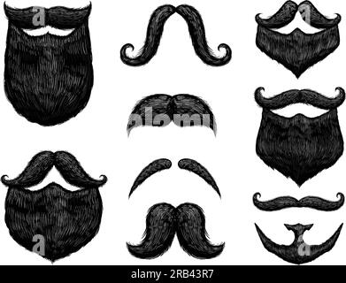Zeichnen Sie schwarzen Schnurrbart und Bart. Handgezeichnete Retro-Barbier-Styles, gravierter Vintage-Vektor-Zeichnungssatz. Stock Vektor