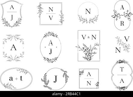 Botanisches Monogramm. Natürliches Emblem mit Blättern auf Zweigen und blühenden Blumen. Minimalistische Blumenrahmen und von der Natur inspirierte Vektorvorlagen-Kollektion Stock Vektor