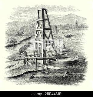 Ein alter Gravur eines frühen Ölfeldes in den USA der 1860er Jahre Es stammt aus einem viktorianischen Maschinenbaubuch der 1880er Jahre Diese Gravur zeigt eine typische „Oil Creek“-Szene mit Holzderricks, einem holzgesäumten Sammelteich und Fässern für den Transport des Rohmaterials per Boot. Am 27. August 1859 nutzten George Bissell und Edwin L Drake erstmals erfolgreich ein Bohrgerät auf einer speziell zur Ölförderung gebohrten Bohrung an einem Standort am Oil Creek in der Nähe von Titusville, Pennsylvania, USA. Stockfoto