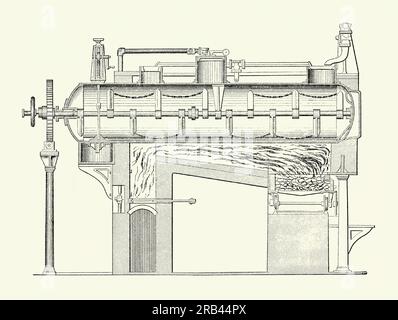 Eine alte Gravur, die einen viktorianischen Strohkessel zeigt. Es stammt aus einem Maschinenbau-Buch der 1880er Jahre. In den 1870er Jahren begannen kalifornische Hersteller, mit Stroh als Brennstoffquelle für Dampfmotoren zu experimentieren. Dampflokomotiven, die mit Kohle oder Holz angetrieben werden, könnten teuer und umständlich sein, insbesondere in ländlichen Gebieten. Durch die Verwendung von billigem Strohhalm, dem Nebenprodukt des Dresches, könnten die Kosten niedrig gehalten werden. Einige kleinere Stroh-Boiler waren auf Rädern und somit transportierbar. Dampf konnte in strohverbrennenden Motoren leicht genug erzeugt werden, aber der Dampfpegel/die Leistung war im Allgemeinen nicht so hoch. Stockfoto