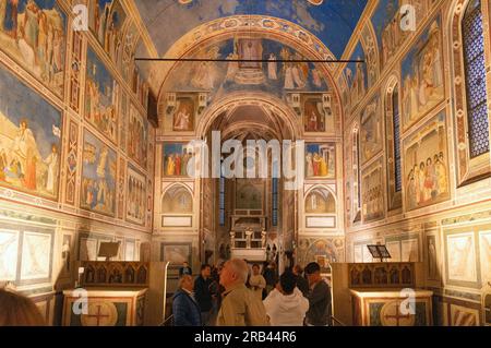Tourismus in Padua Italien; Besucher der Giottos Fresken, der Scrovegni Kapelle im Inneren, Padua Italien Stockfoto