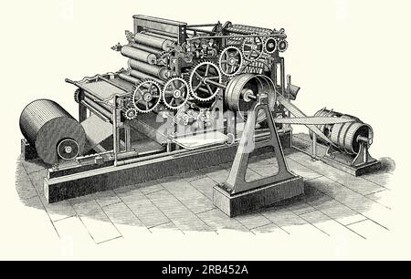 Eine alte Gravur einer rotierenden Banddruckmaschine der Maschinenfabrik MAN (Augsburg-Nürnberg) aus den 1860er Jahren Es stammt aus einem viktorianischen Maschinenbaubuch der 1880er Jahre MAN ist eines der größten deutschen Maschinenbauunternehmen. Die wichtigsten Innovationsbereiche des Unternehmens waren die Herstellung von Druckmaschinen und Dieselmotoren. Das Unternehmen begann 1845 mit der Herstellung von Flachbettpressen. Stockfoto