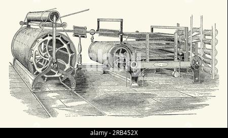 Eine alte Gravur einer Garn- und Rollenmaschine, die in den Textilfabriken der 1800er Jahre verwendet wurde Es stammt aus einem viktorianischen Maschinenbaubuch der 1880er Jahre Diese Maschine wurde für die Größenbestimmung und das Polieren von Garnen verwendet. Die Verwendung von Größe (Stärke für Baumwolle) verringert die Wahrscheinlichkeit, dass die Fäden aufgrund der Reibung des Webprozesses ausfransen und brechen. Über Riemen angetriebene Rollen führen das Garn durch eine Reihe von Geräten, die es „peitschen“ oder bürsten, unerwünschte Fäden entfernen und es polieren. Anschließend geht es über Dampfrohre und wird dann auf Rollen oder Spulen (rechts) aufgewickelt, die zum Weben bereit sind. Stockfoto